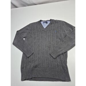 Fred Perry Sweater Mens Large Gray 100% Cotton V Neck Cable Knit Logo Pullover